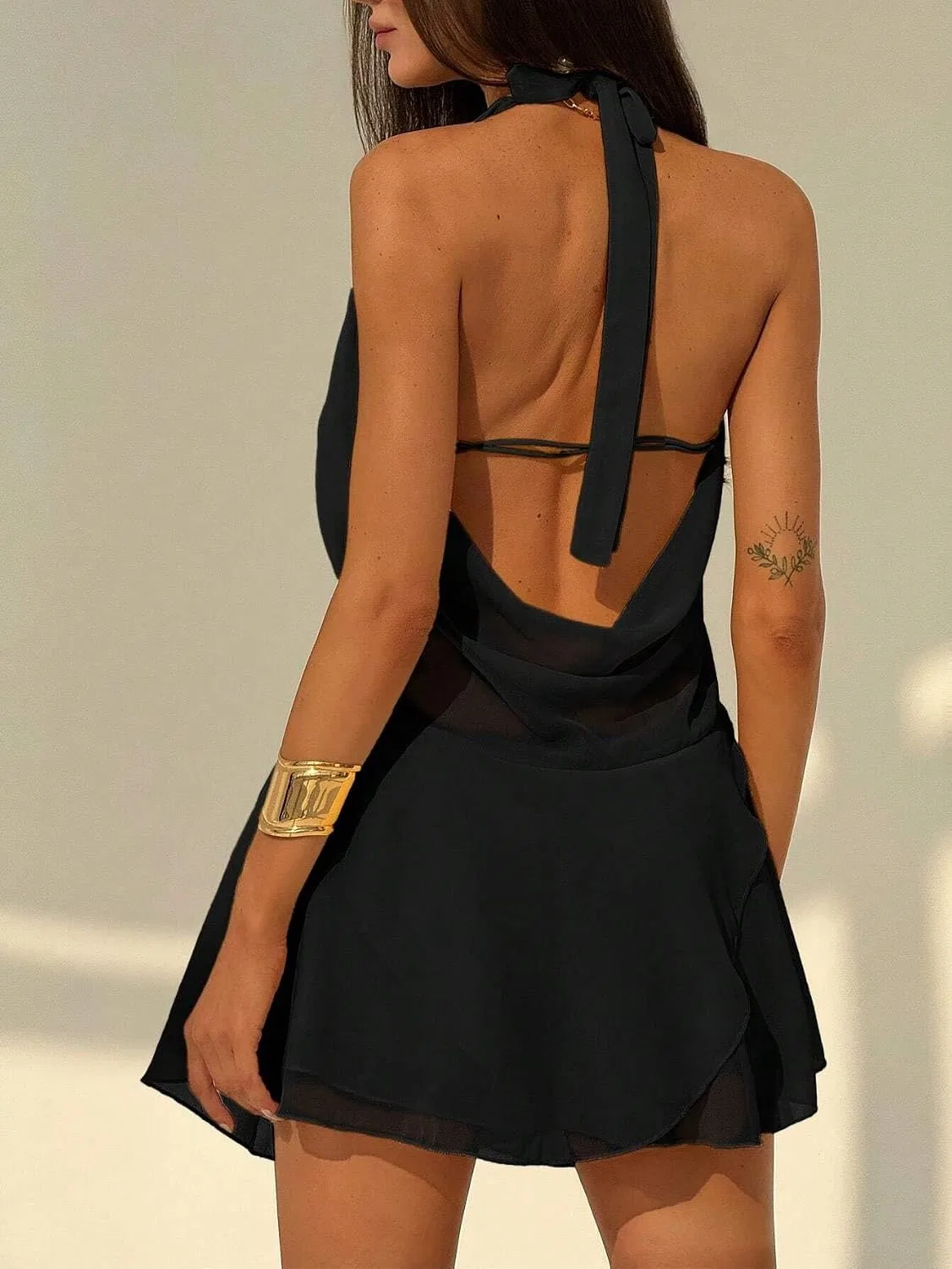 Женское мини-платье с открытой спиной асимметричное Halter, Black — фото 3