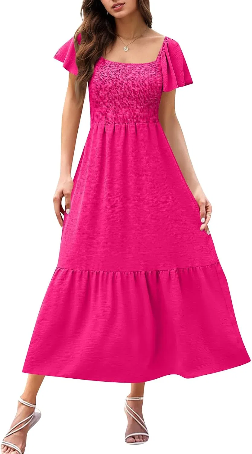 Женское платье макси с квадратным вырезом Flutter Sleeve, Hot Pink — фото 3