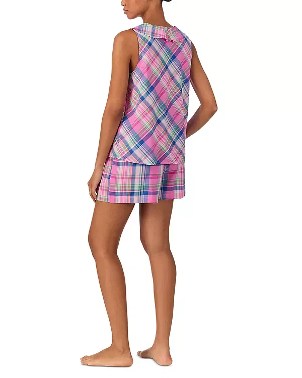 Женская пижама с воланами и завязками Sleeveless Fashion Lawn Flutter Neck Boxer Pajama Set Ralph Lauren, Pink Plaid — фото 3