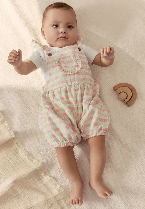 Комплект из ползунков и боди с цветочным принтом Regular fit - baby dungarees and bodysuits set 2 piece - body Next, Pink Check, розовый