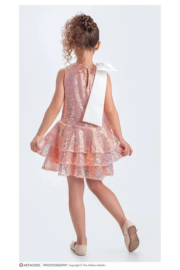 Детское платье для девочек с пайетками Collar Bow Sparkling Sequin Fabric Girls' Evening Dress Esterella, Salmon — фото 3