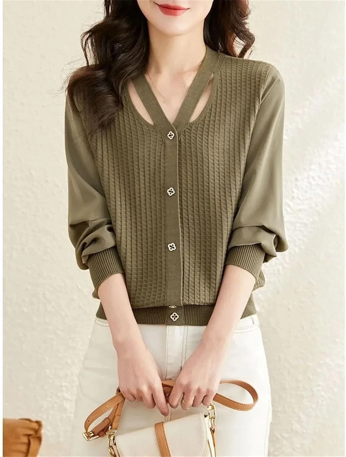Женский кардиган с V-образным вырезом, с длинным рукавом, модель Retro Versatile, Matcha Green — фото 3
