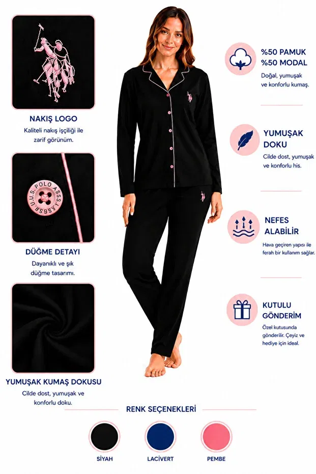Женский пижамный комплект с длинным рукавом U.S. Polo Assn., Blackstripdet