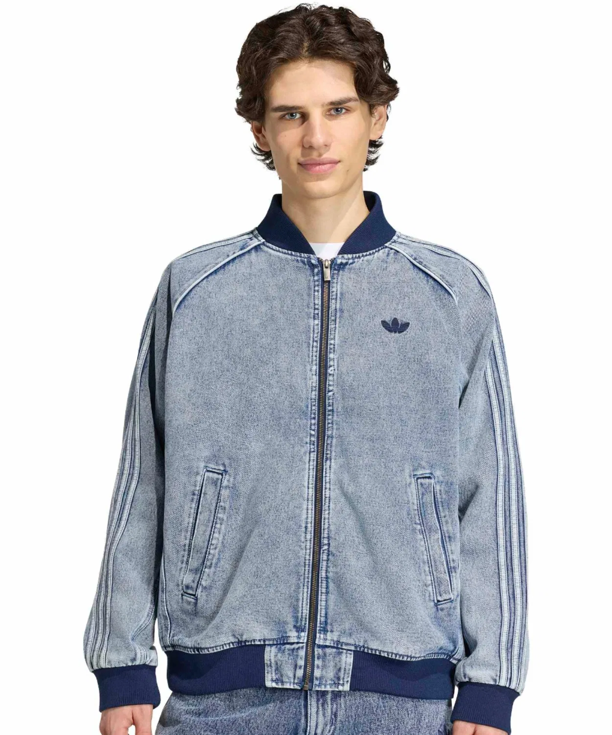 Мужская джинсовая куртка на молнии с воротником-стойкой Adidas SST Track Top, Light Indigo Blue