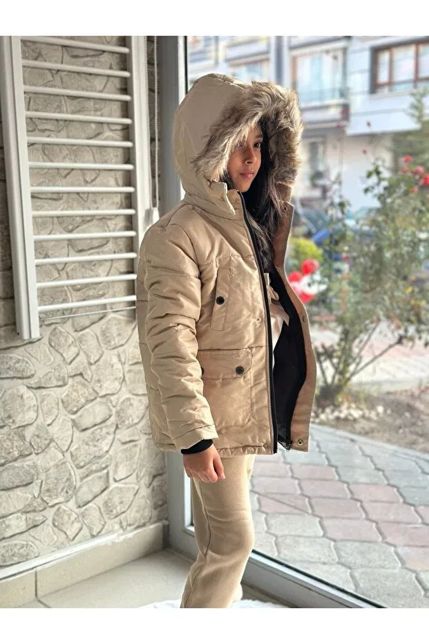 Детское зимнее пальто для девочек с геометрическим принтом Narin Kids, Nude Color