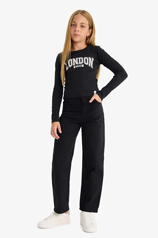 Детская футболка для девочек с длинным рукавом Slim fit narrow cut crew neck printed ribbed camisole long sleeve t-shirt girl child c7465a825au Defacto, Black-Bk81 — фото 2