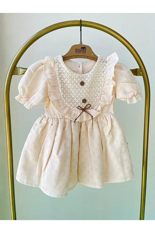 Детское платье для девочек с кружевным воротником Lace Collar Ruffle Baby Girl Dress Mbk Garden, Beige — фото 2