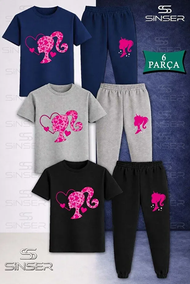 Детский комплект футболки и штанов с принтом Princess Head Heart Ss Sinser, Black - Gray - Navy Blue