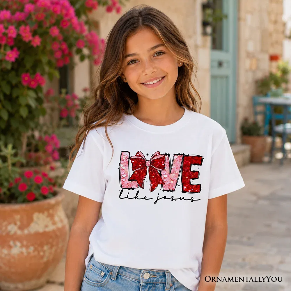 Детская футболка с принтом Jesus Love Kids T-Shirt Valentine Hearts Graphic Tee OrnamentallyYou, White — фото 2