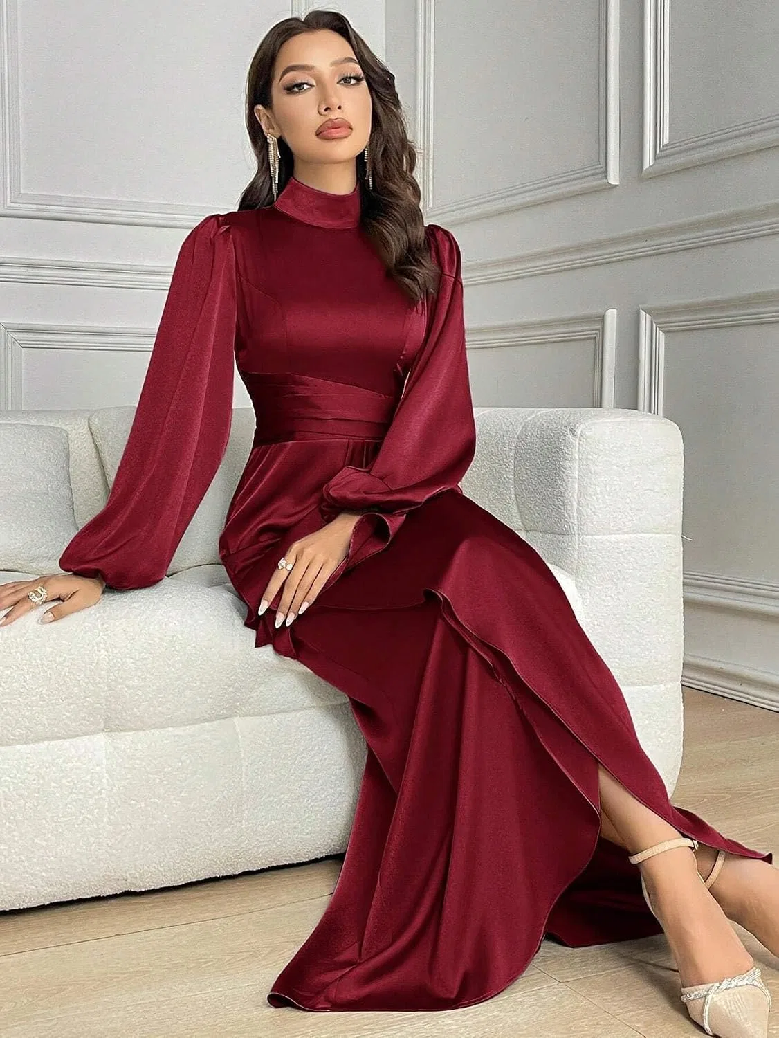 Женское элегантное макси-платье с воротником-стойкой, Burgundy — фото 4