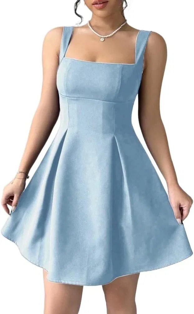 Женское повседневное платье A-силуэта с завышенной талией Square Neck, Blue