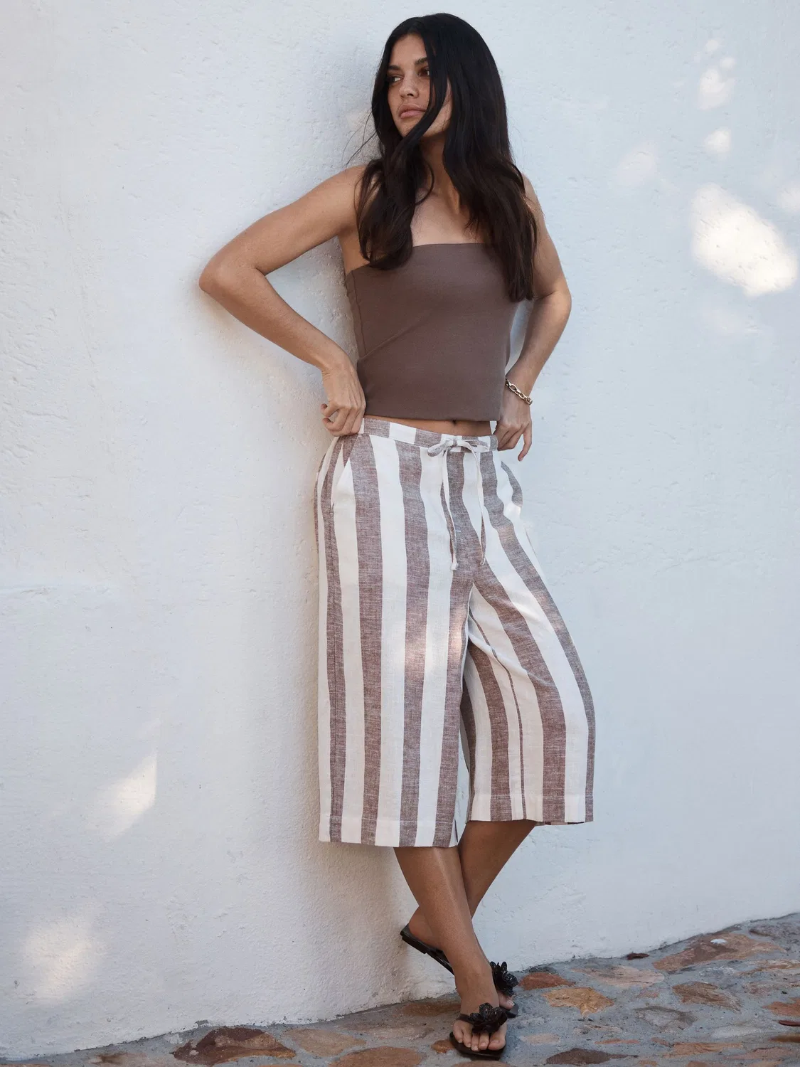 Шорты из льняной смесовой ткани на резинке, Neutral/Ecru Stripe Next — фото 3