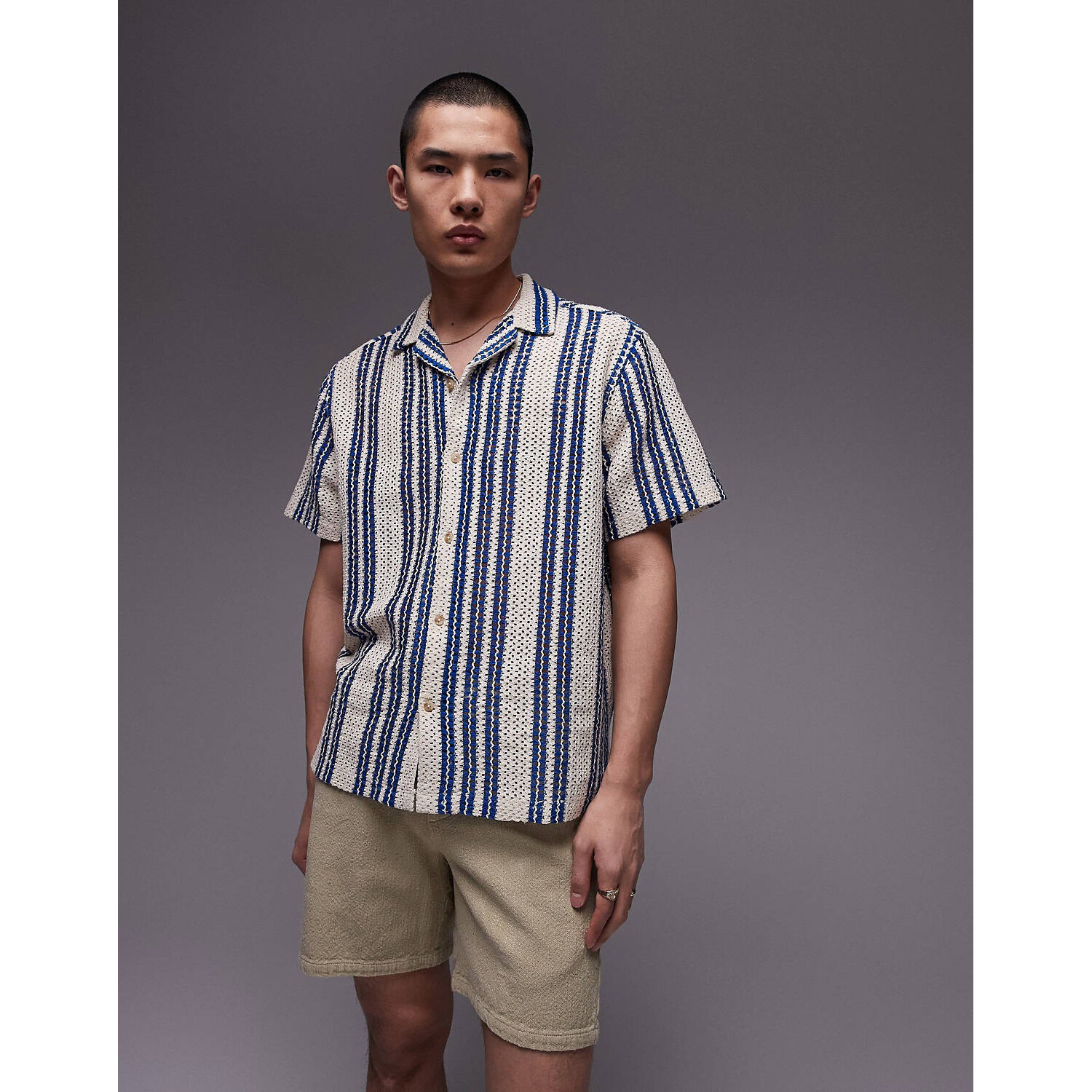 

Рубашка Topman Short Sleeve Relaxed Striped Crochet, синий