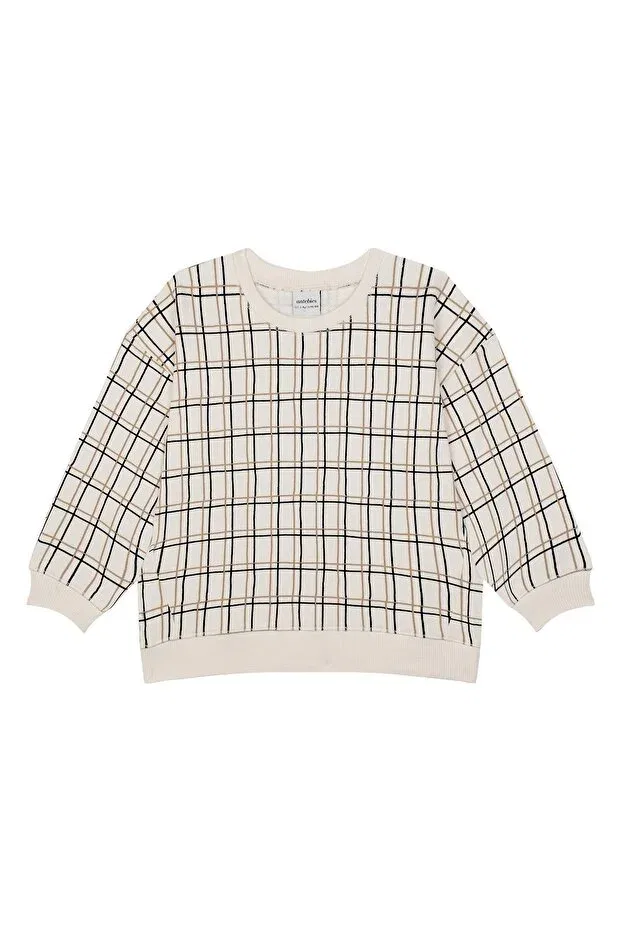 Детские свитшот для мальчиков с принтом Organic gots certified beige grid patterned long sleeve cuffed Antebies, Beige — фото 2