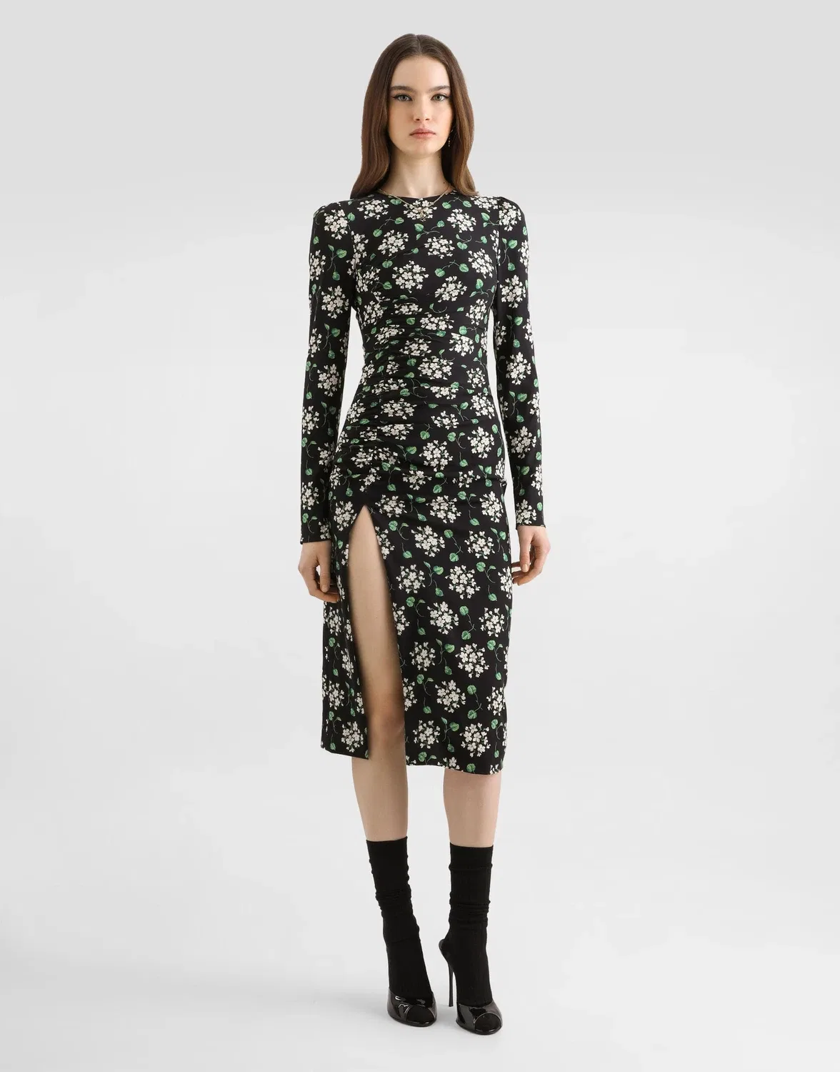 Платье из набивного крепдешина с гераневым букетом DOLCE & GABBANA, бежевый — фото 2