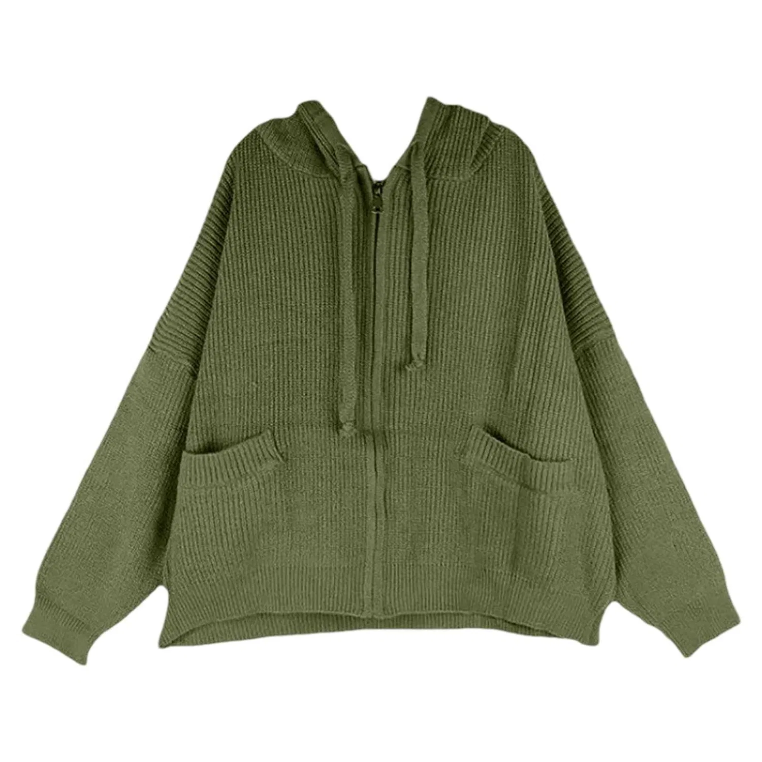 Женское вязаное пальто-кардиган оверсайз с капюшоном, Army Green — фото 3