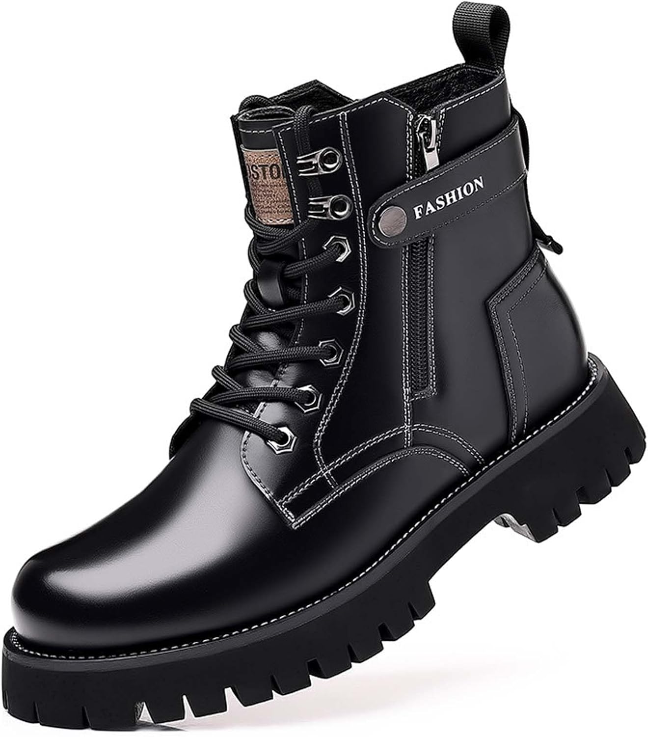 

Ботинки для мужчин Ботинки повседневные С боковой молнией Кожаные мотоциклетные боевые ботильоны Мужские тактические обувь Generic, черный