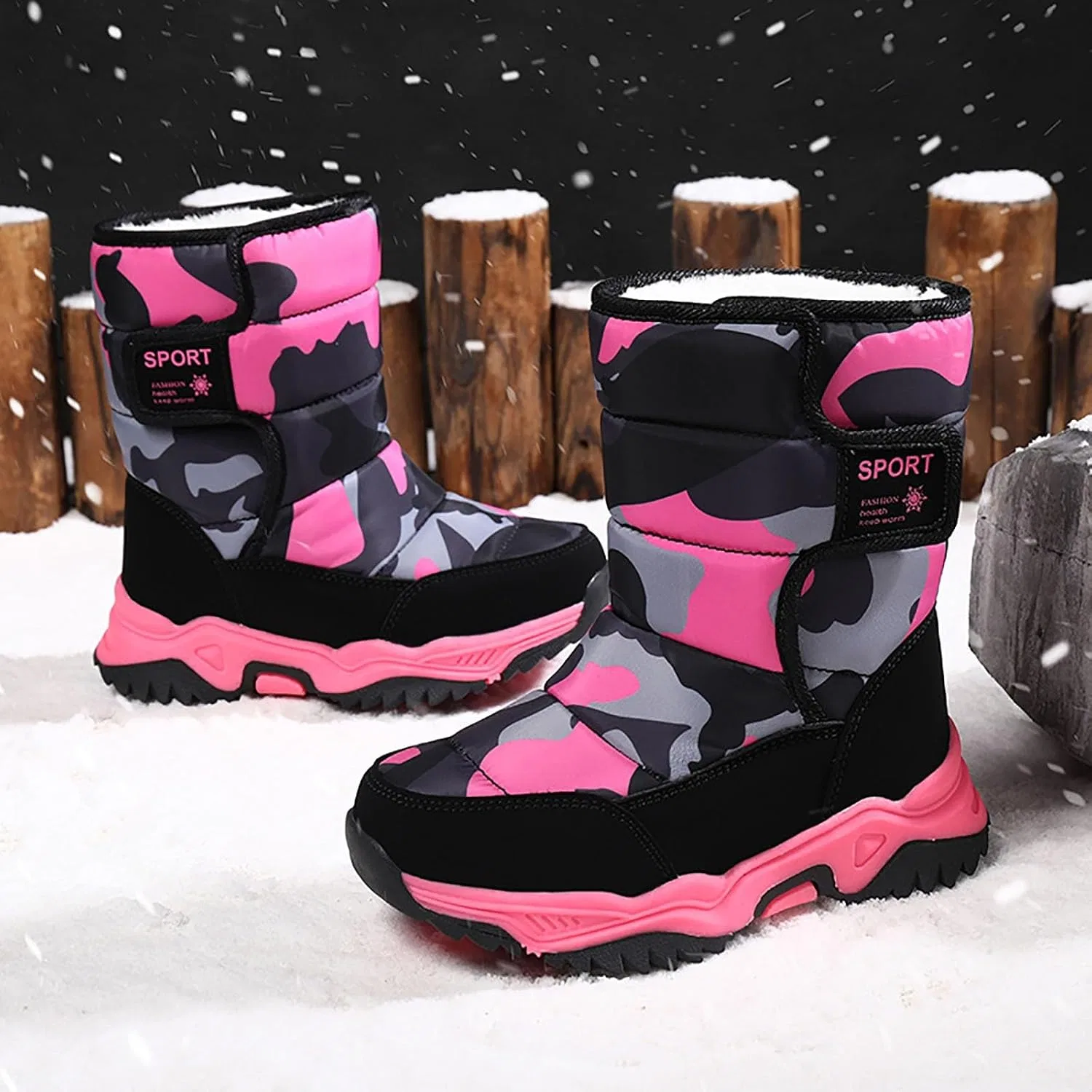 Детские зимние ботинки для мальчиков и девочек с принтом, на флисе, Hot Pink — фото 2