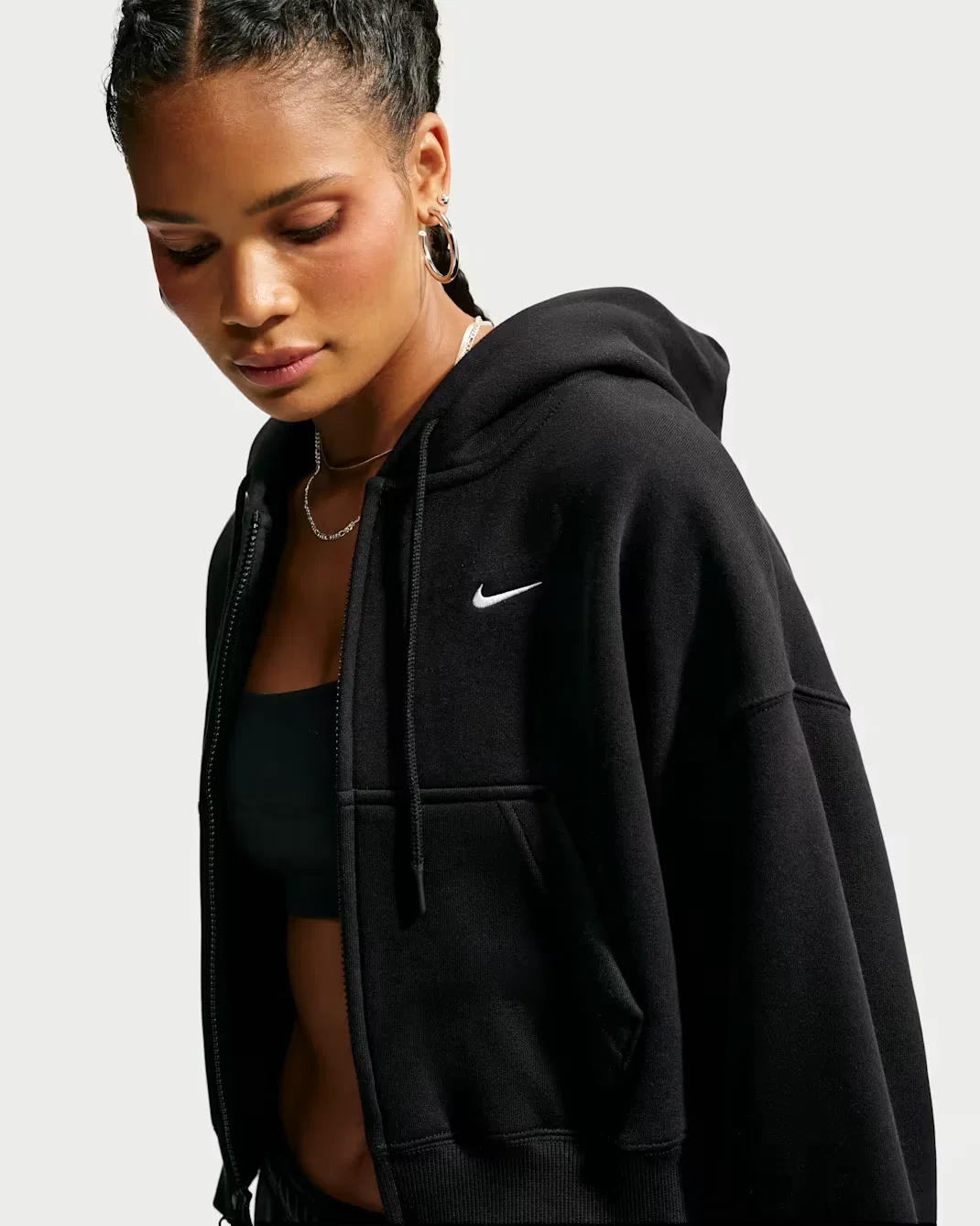 Женская укороченная толстовка оверсайз на молнии Nike Studio Fleece Medium Weight, Total Black/Sail