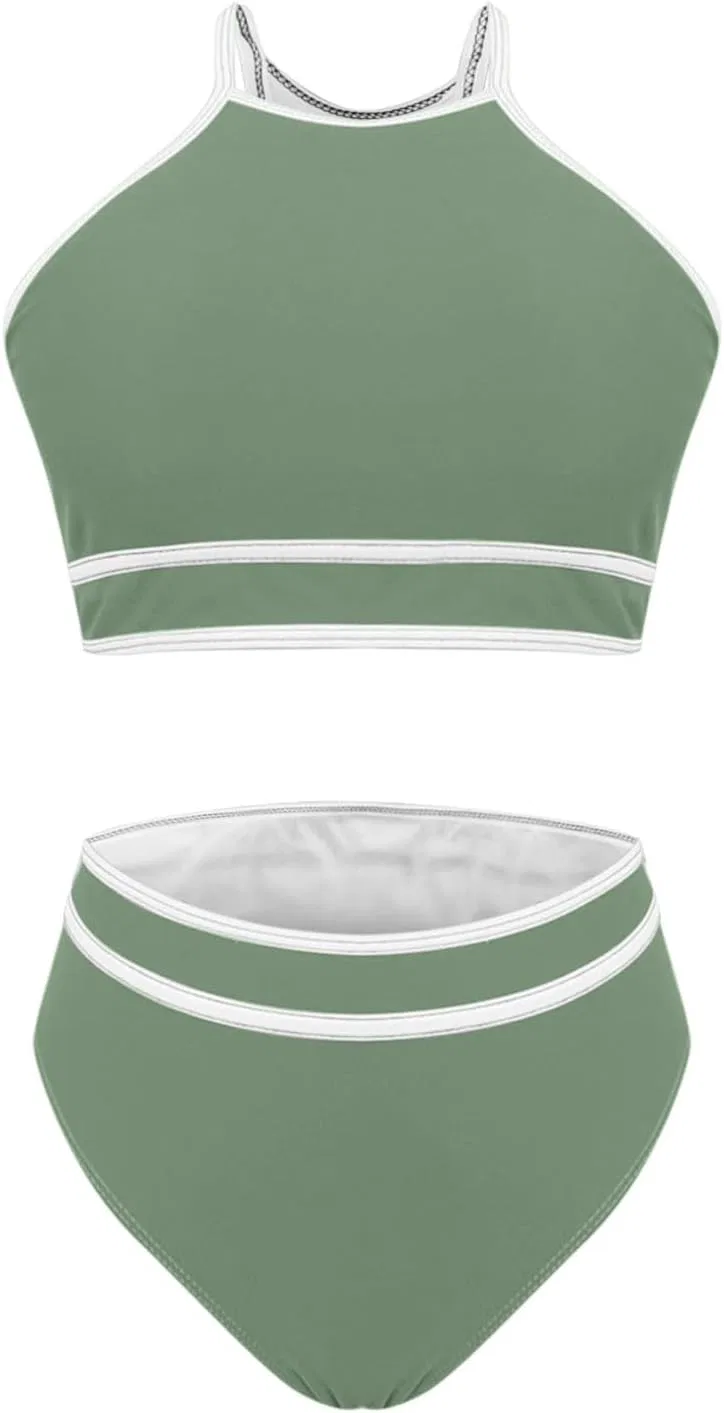 Женский бикини-сет с высокой талией и поддержкой, High Neck Racerback Top Triangle Colorblock, Green — фото 4
