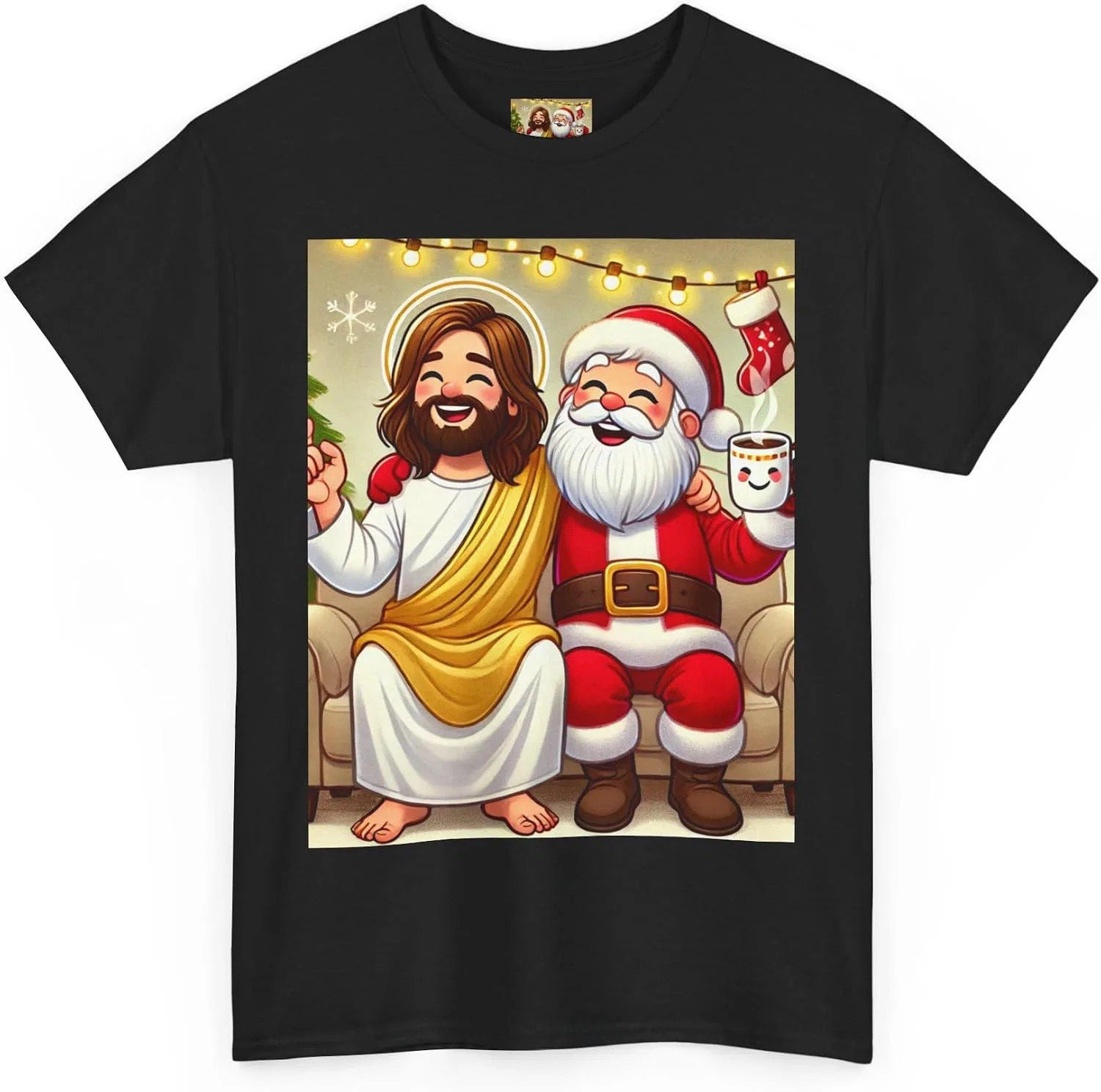 Женская футболка с принтом Funny Santa Jesus Hanging Out, чёрный — фото 3