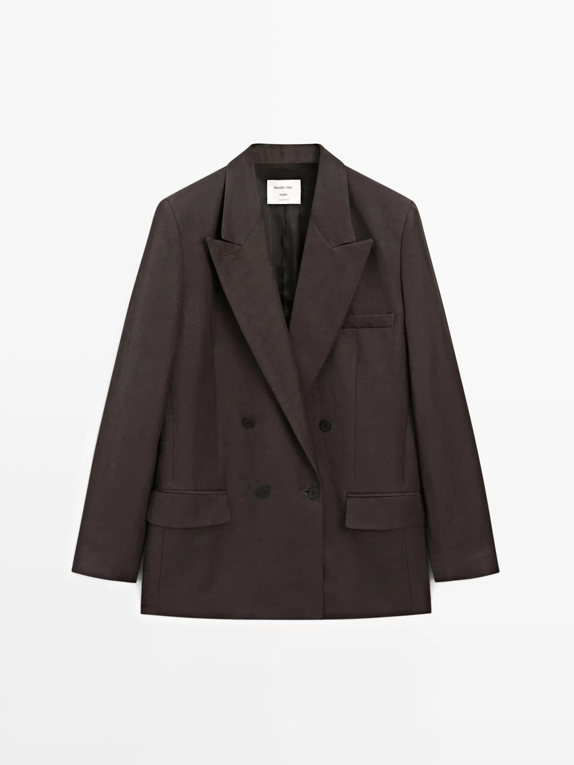 Двубортный блейзер из смесовой льняной ткани - studio Massimo Dutti, коричневый — фото 4