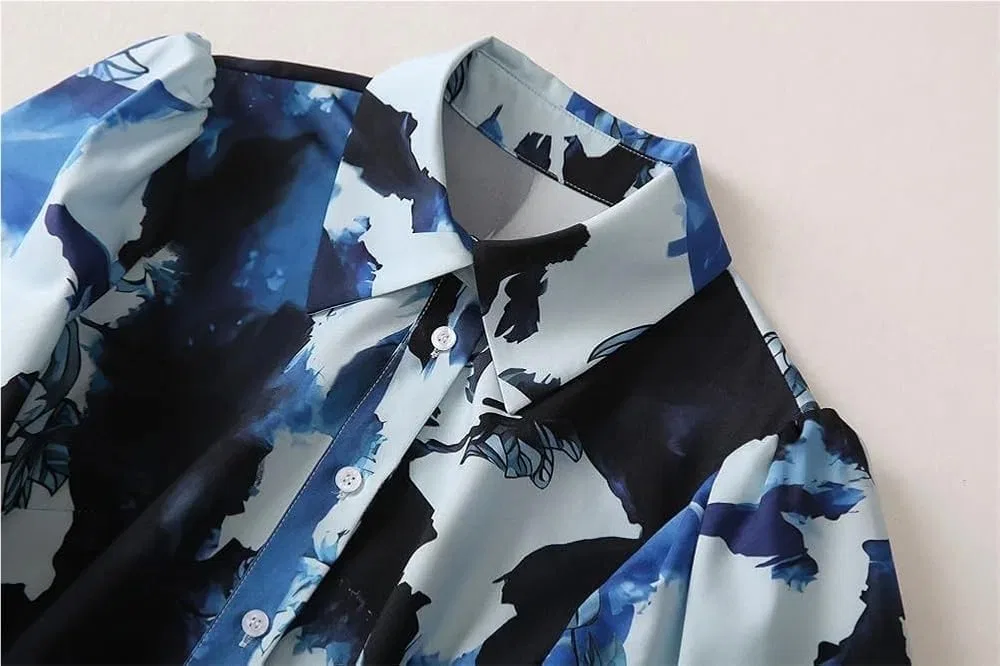 Женское платье с принтом Puff Sleeve Print Lapel Vintage Midi Casual Lace Up Slim Fit Vestido Summer Vacation Dress, синий — фото 4