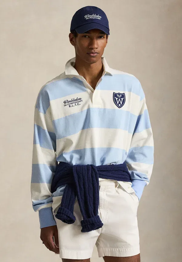 Футболка поло хлопковая Wimbledon vintage fit rugby shirt Polo Ralph Lauren, Office Blue/Deckwash White, белый/синий