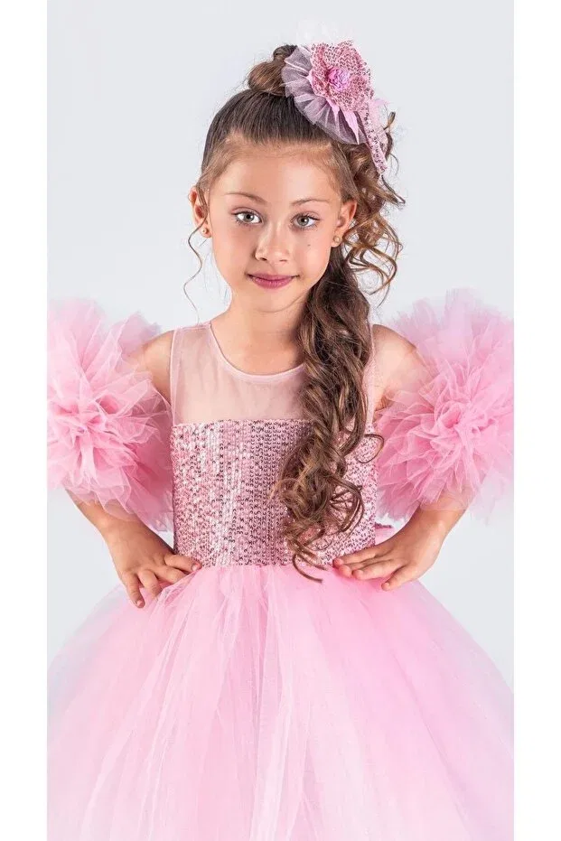 Детское платье для девочек с пайетками Pompom sleeves sequined tutu girl's evening dress Little Pumpkin, Powder Pink — фото 3