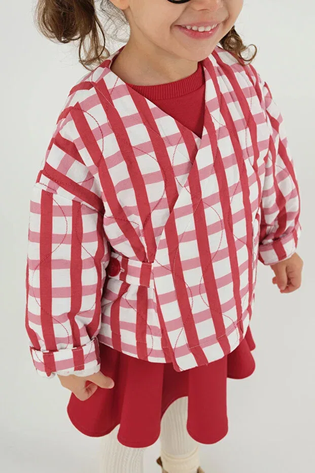 Детская куртка для девочек с принтом Double-Breasted red plaid patterned jacket Mioma Kids, Red — фото 3