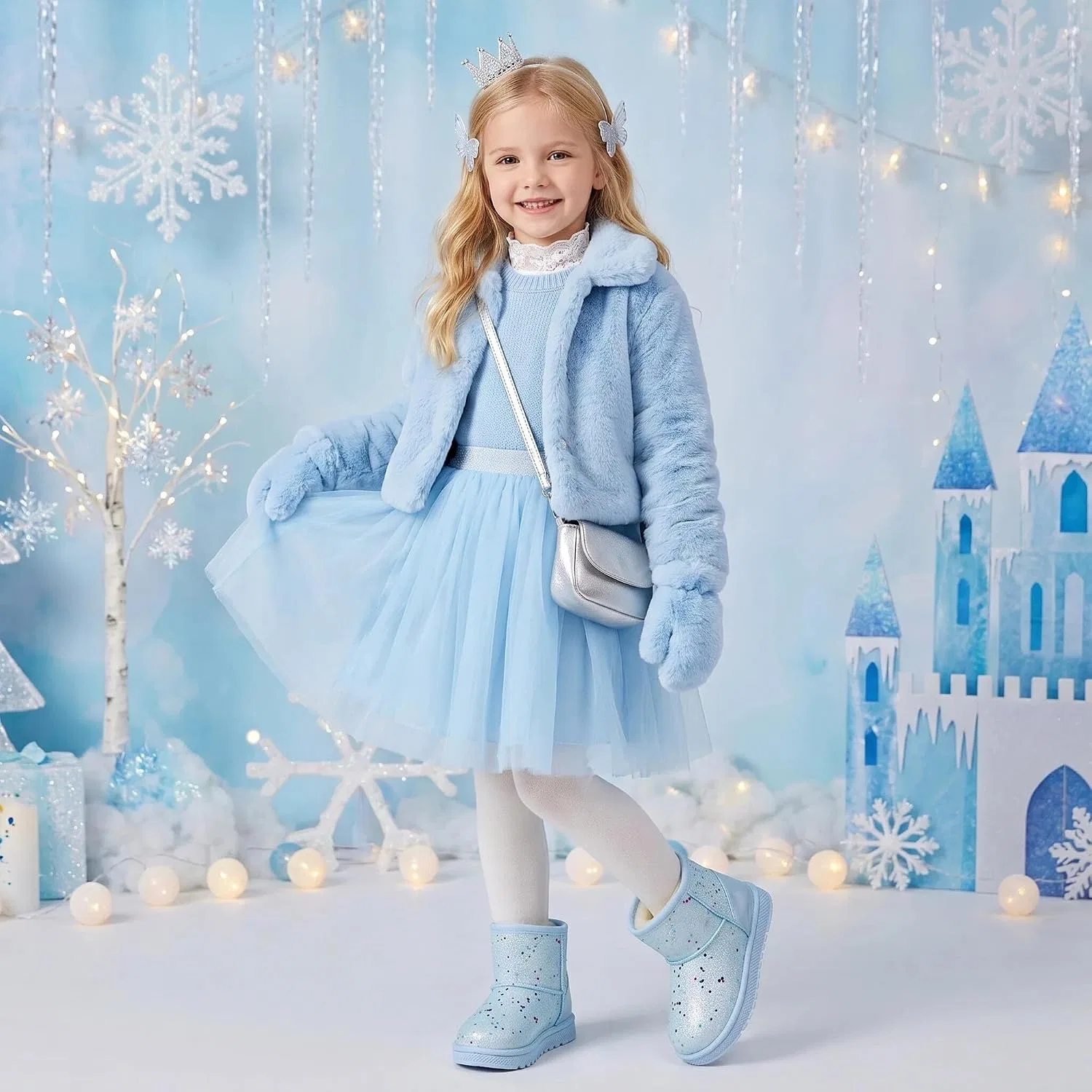 Детские сапоги для девочек с блестками и пайетками Snow Boots Elcssuy, Shiny Blue — фото 4