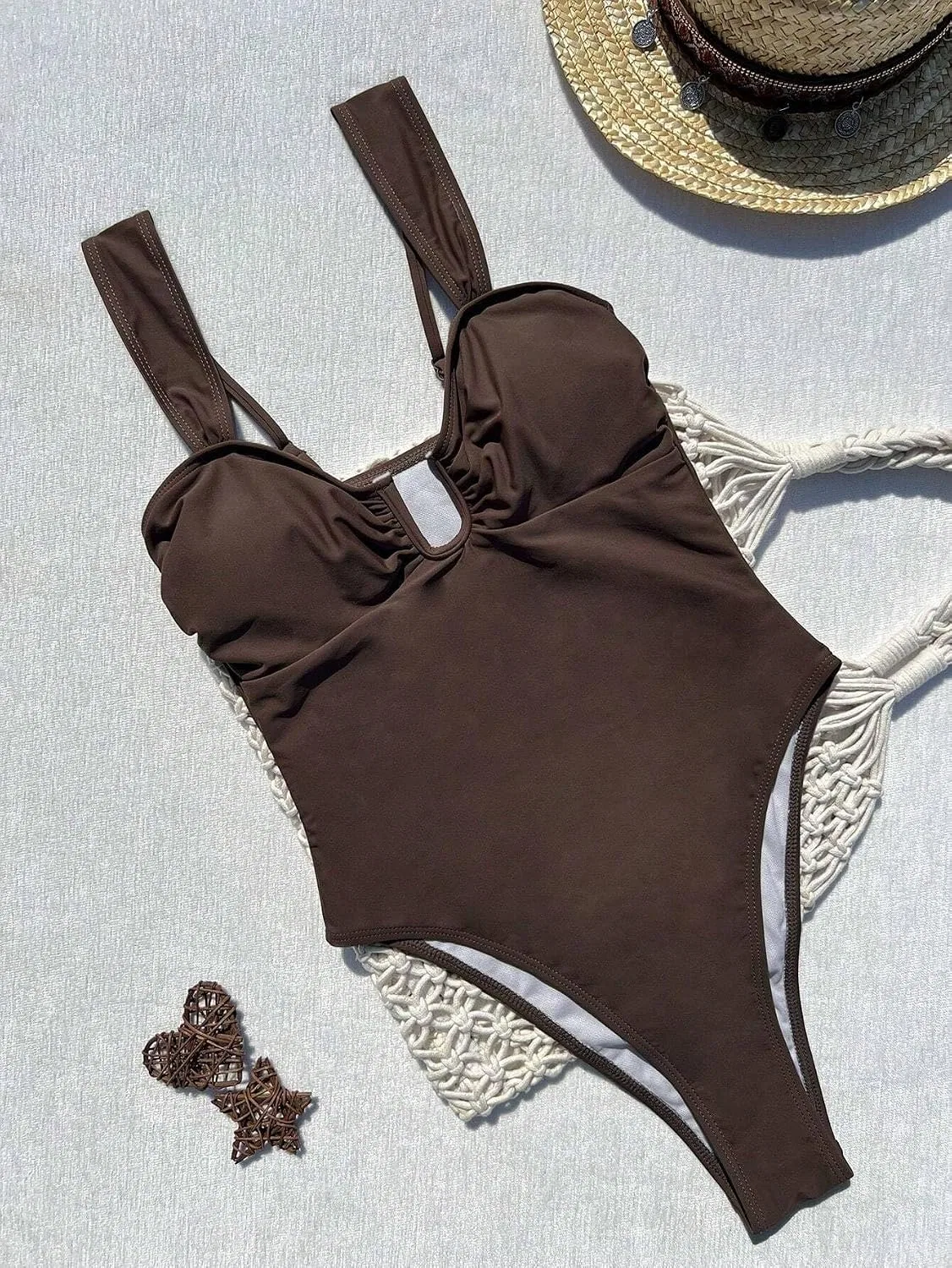Женский слитный купальник с открытой спиной и драпировкой, Coffee Brown — фото 3