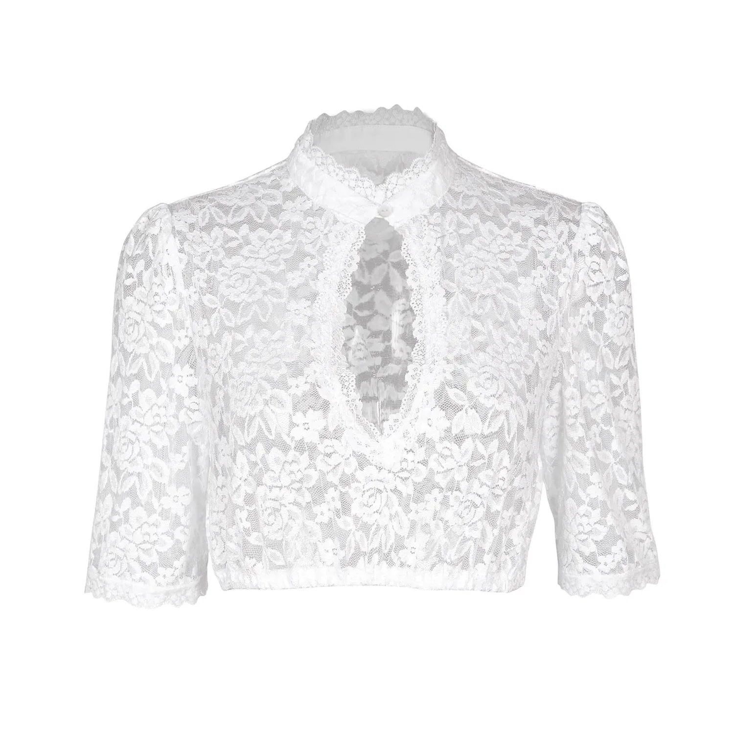 Женская блузка с высоким воротником и полупрозрачным кружевом Dirndl Lace Blouse, A15 White — фото 3