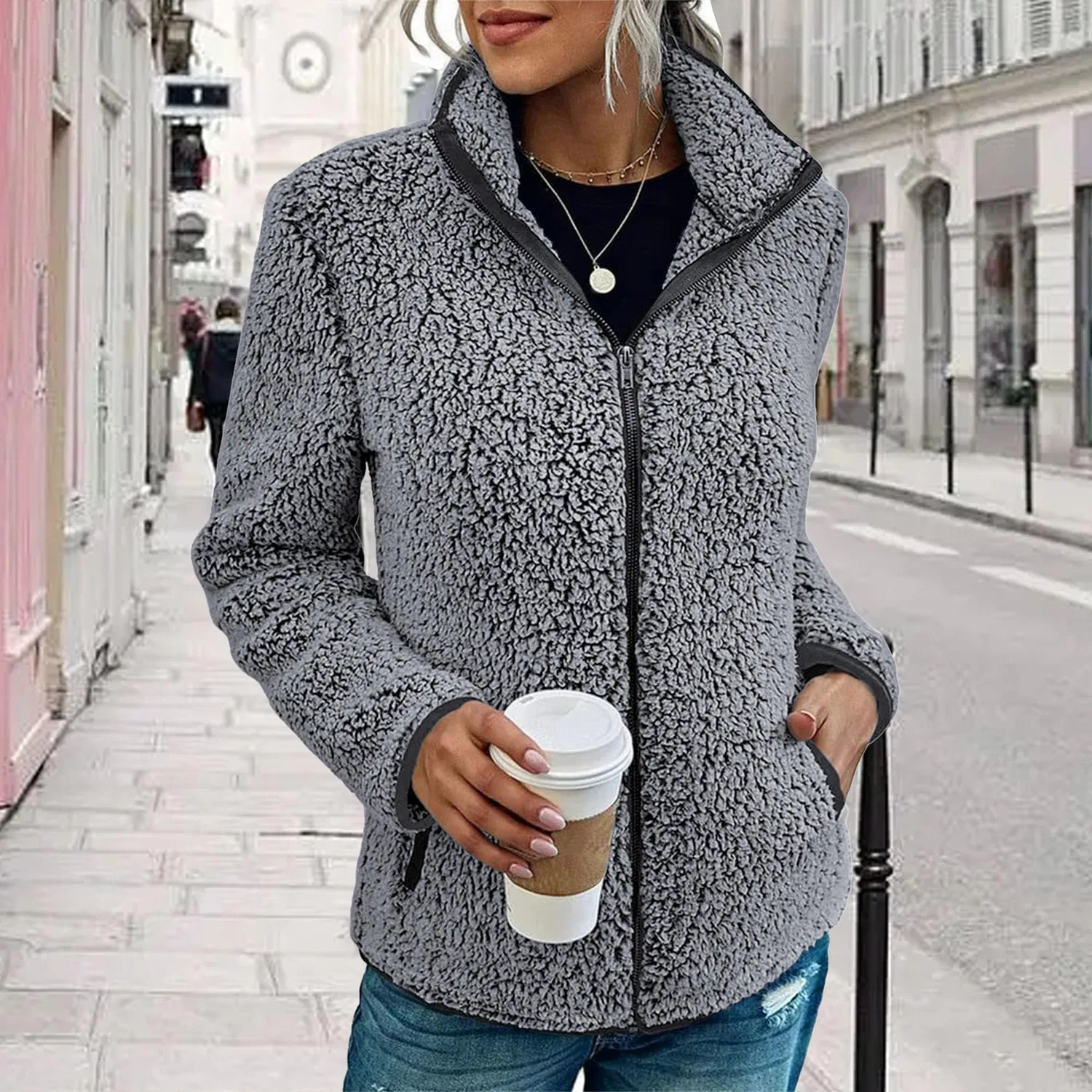 Женская куртка из флиса с принтом, на молнии, grey — фото 2