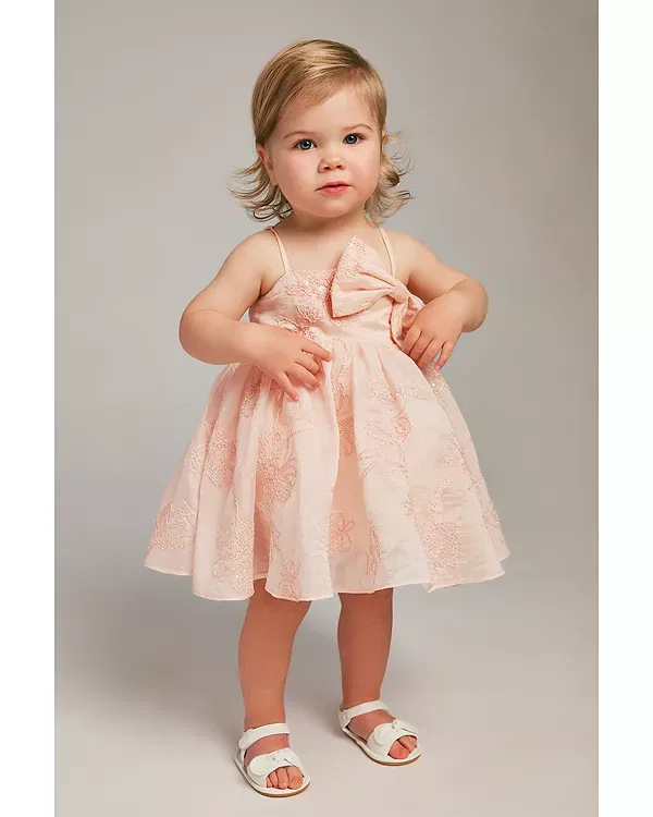 Детское платье для девочек с вышивкой Amelia Embroidered Bow Dress Bardot, Peach Blush — фото 4