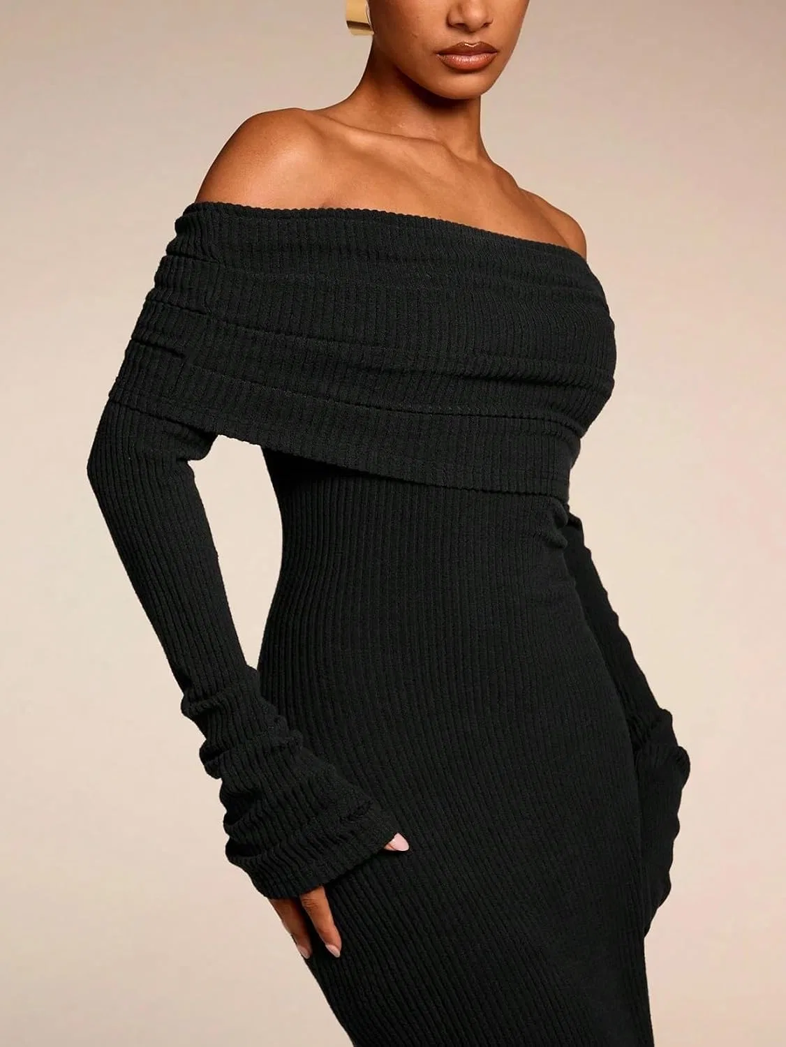 Женское длинное платье с длинным рукавом офф-шолдер, Colorblock, Black — фото 4