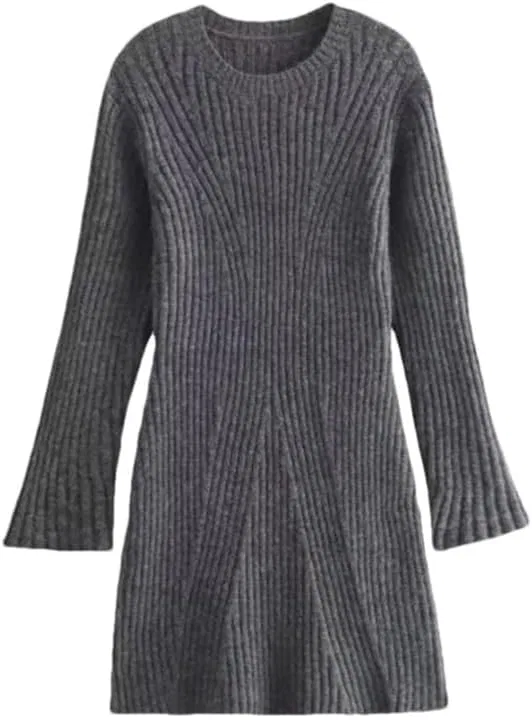 Женское мини-платье А-силуэта с круглым вырезом, Solid Color, Gray