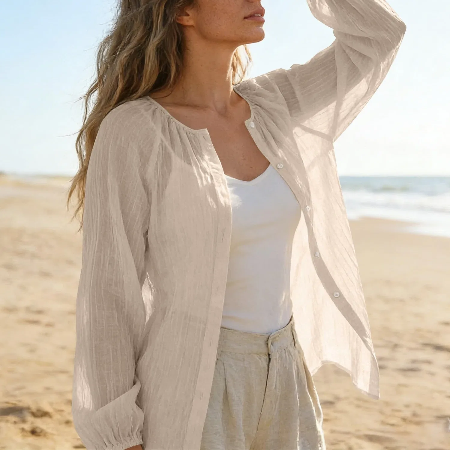 Женская блузка из хлопка и льна с длинным рукавом, Beige — фото 3