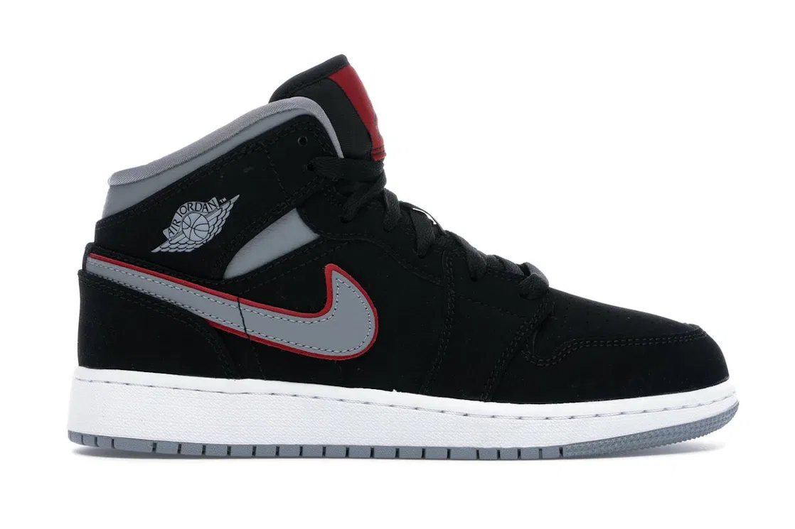 Детские кроссовки lifestyle с принтом Jordan 1 Mid Black Particle Grey Gym Red, Black/Particle Grey-White-Gym Red