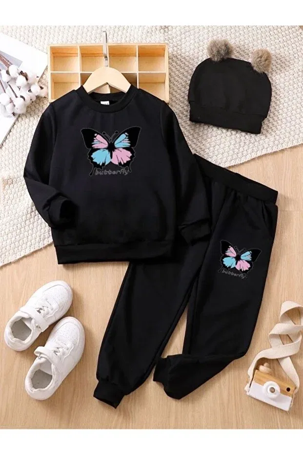 Детский спортивный костюм для мальчиков с принтом Butterfly Printed Topçu, Black