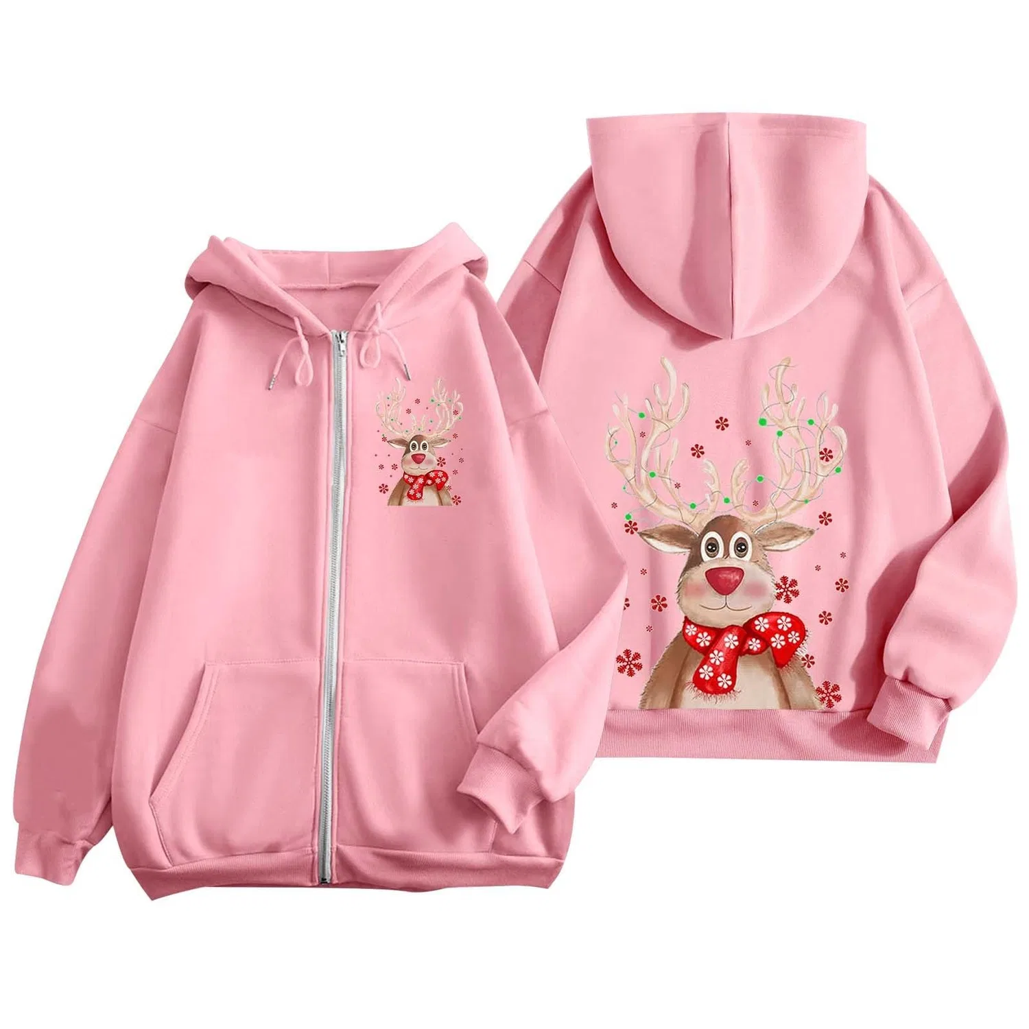 Женское пальто с длинным рукавом Moda Moda Natale Stampato Cerniera Manica Lunga Tasca Coulisse Sport Casual Felpa Con Cappuccio, rosa — фото 3