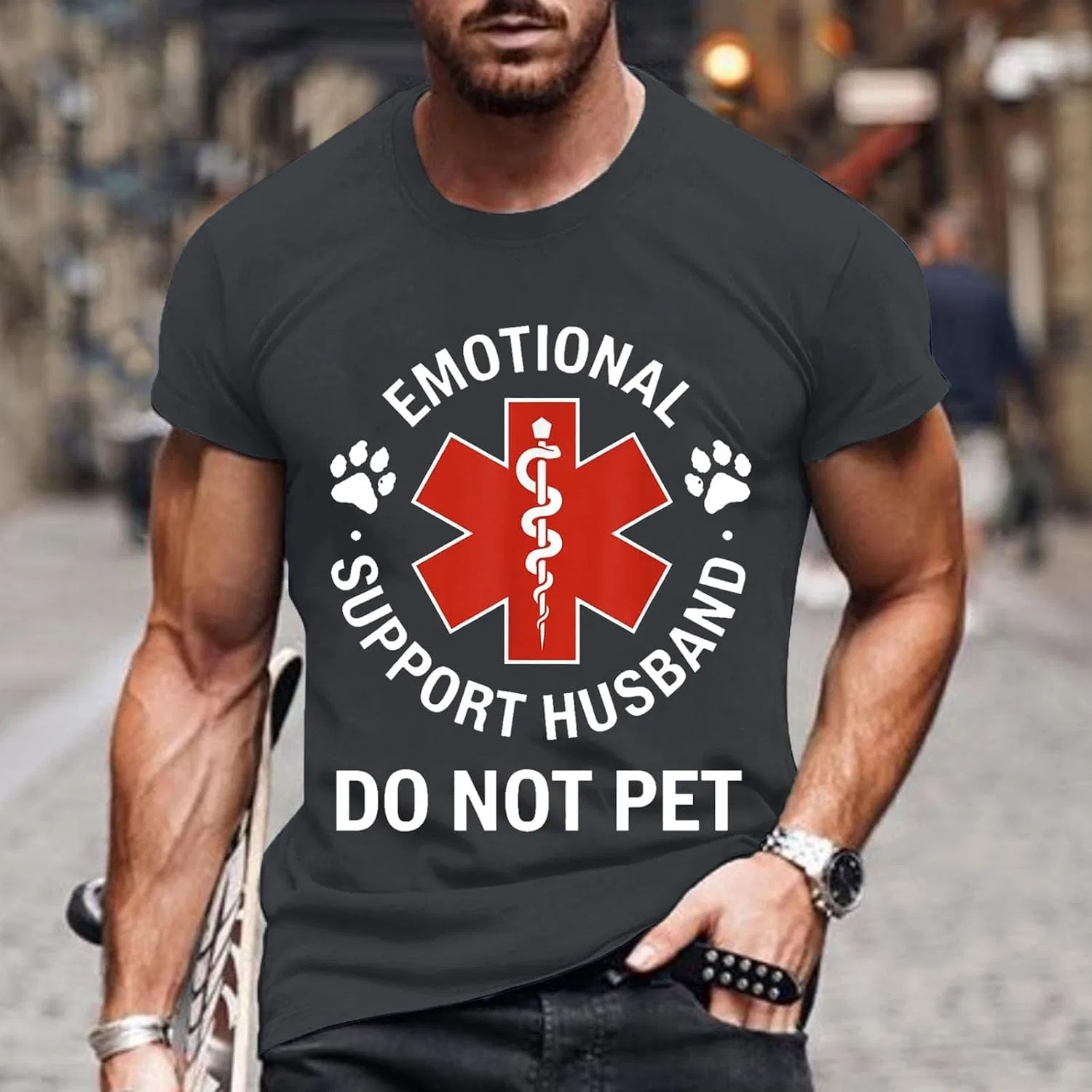Мужская футболка оверсайз с принтом Do Not Pet Emotional Support Husband Generic, Dark Grey — фото 2