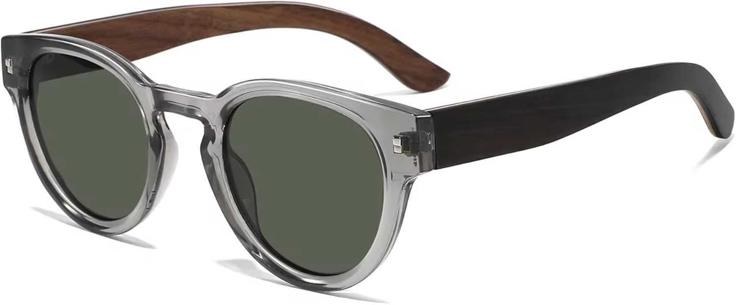 

Поляризованные солнцезащитные очки с деревянными дужками для мужчин и женщин, защита от УФ-излучения UV400, круглая оправа с деревянными дужками, очки для активного отдыха Generic, Grey