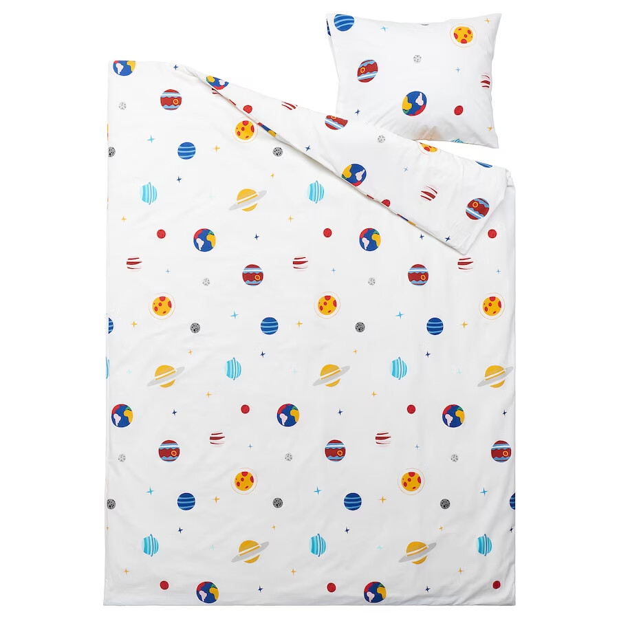 Комплект детского постельного белья Ikea Aftonsparv Space, 2 предмета, 150x200/50x60 см, белый/мультиколор — фото 2