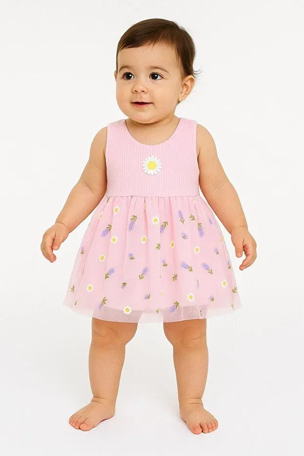 Детское платье для девочек с принтом Lavender patterned tulle dress with ribbed sleeves Dinamik Çocuk, Pink Lavender — фото 2