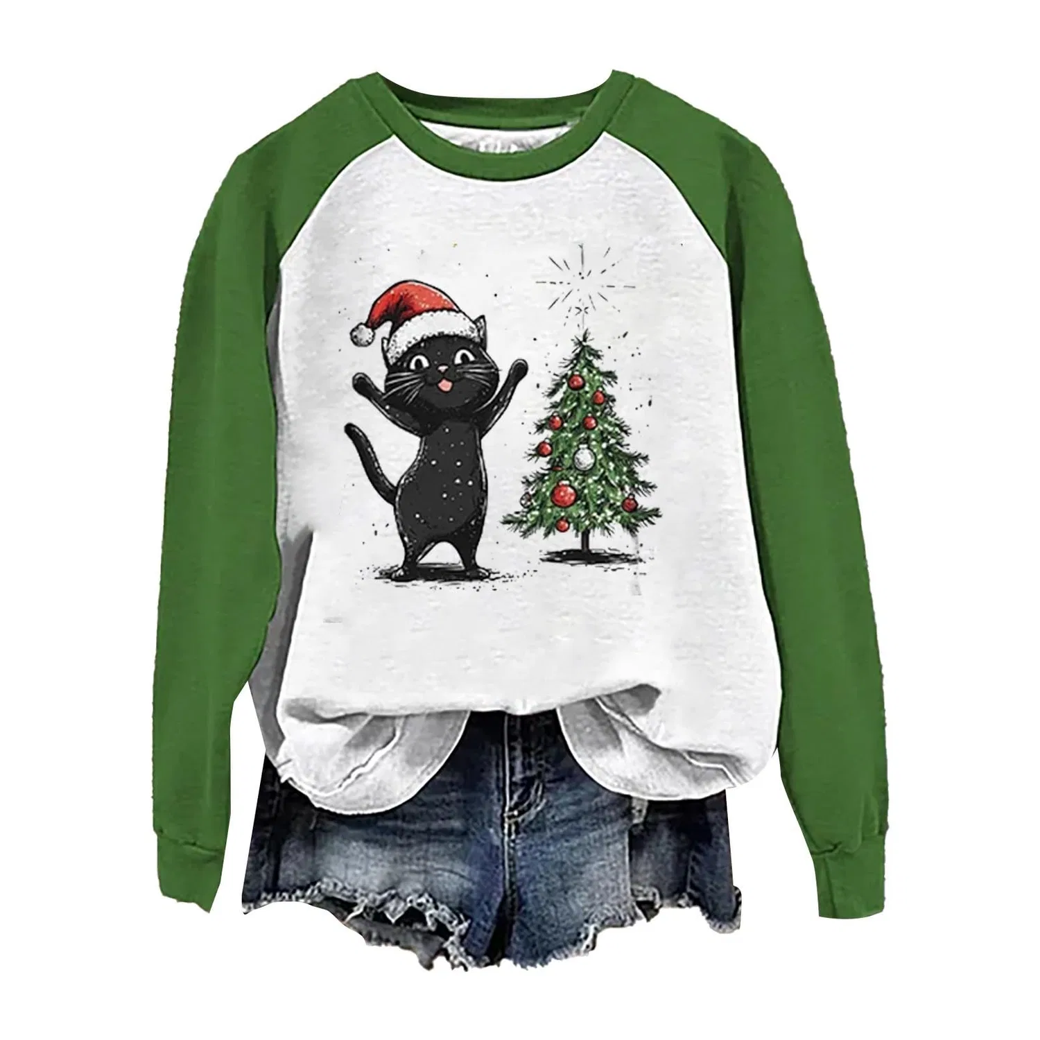 Женский свитшот с принтом Christmas Tree Funny Cat Say What Woman Pullover, Z12 Green — фото 3