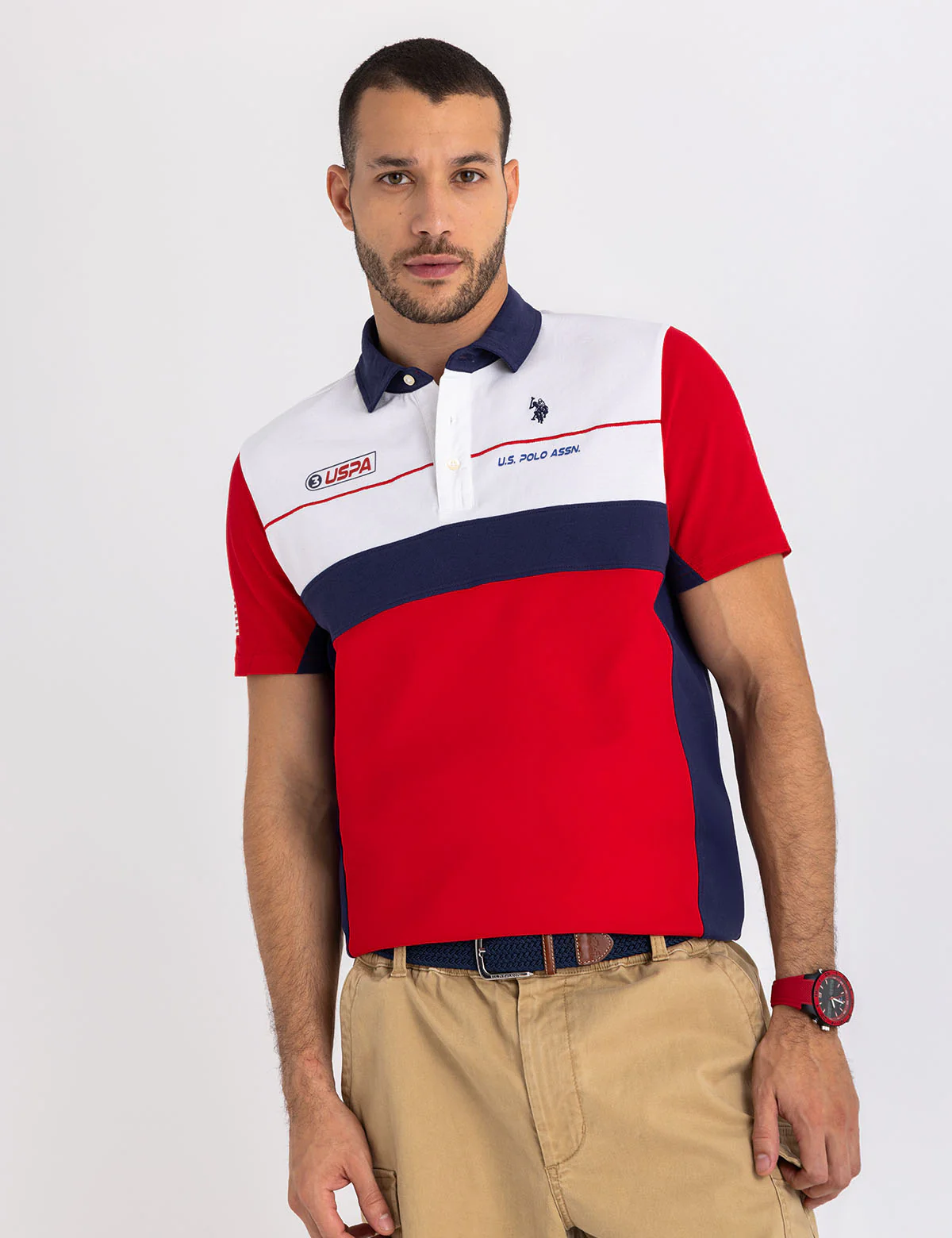 

Футболка-поло U.S. Polo Assn Color Block Race Graphic Pique, белый/красный