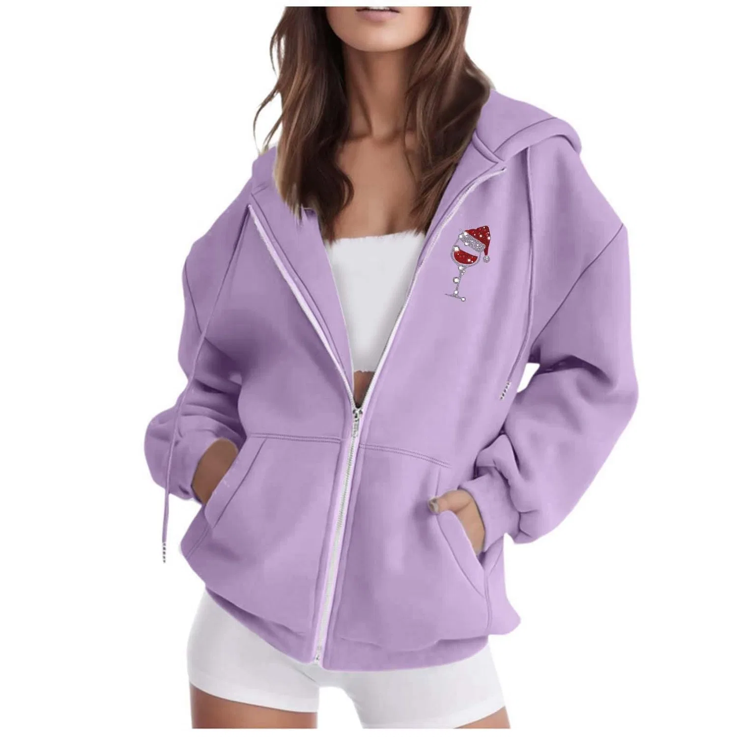 Женское худи с принтом Fashion Christmas Printed Zipper Long Sleeve Pocket Drawstring Casual Sport Hoodie, Viola chiaro — фото 2