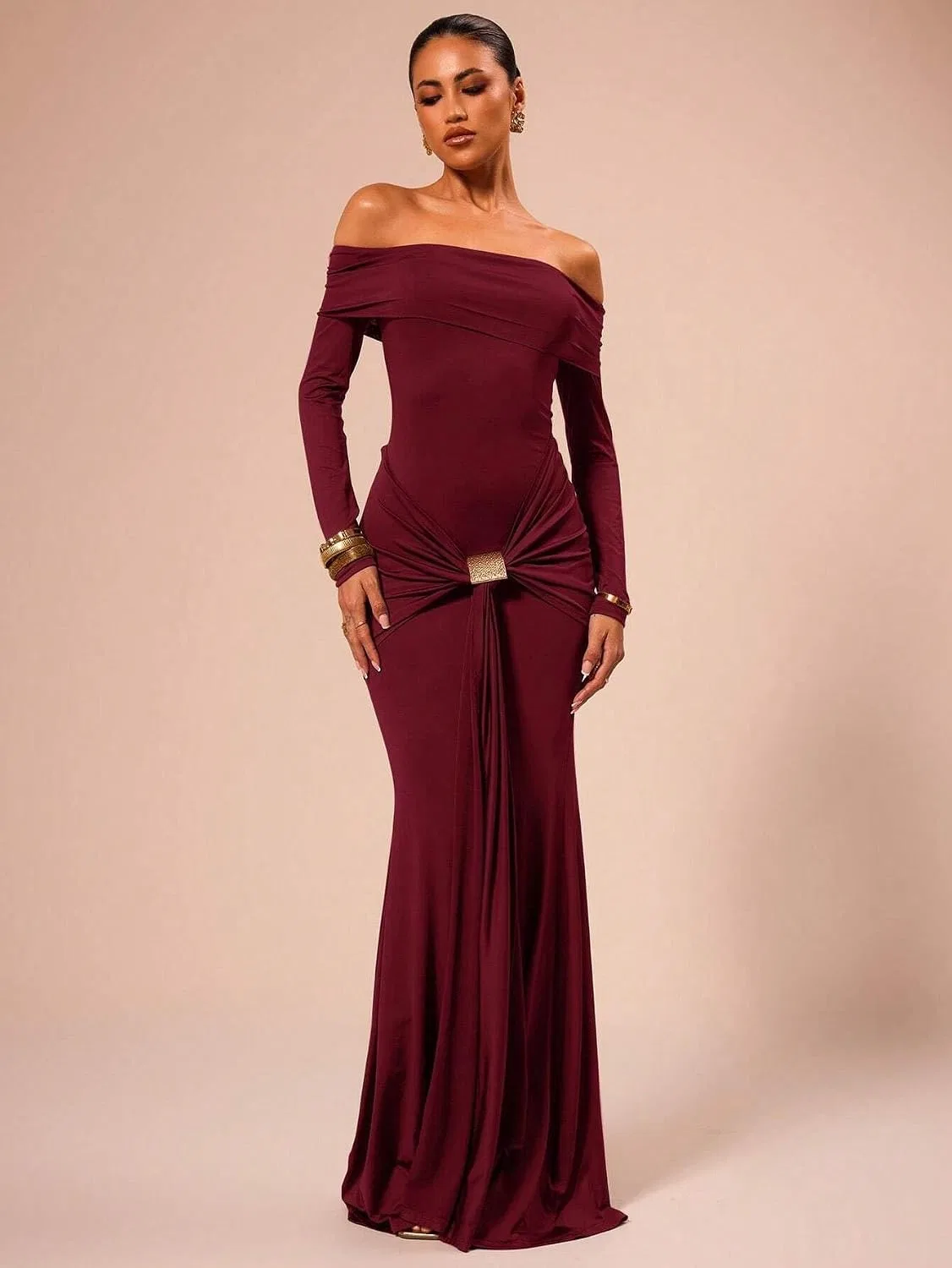 Женское длинное платье-бодикон с запахом Off Shoulder, Burgundy — фото 3