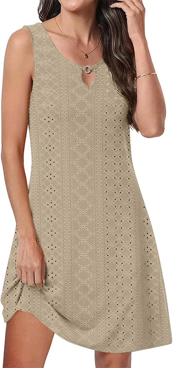 Женское летнее платье с вышивкой и вырезом, Sleeveless Mini Dress, Khaki — фото 2